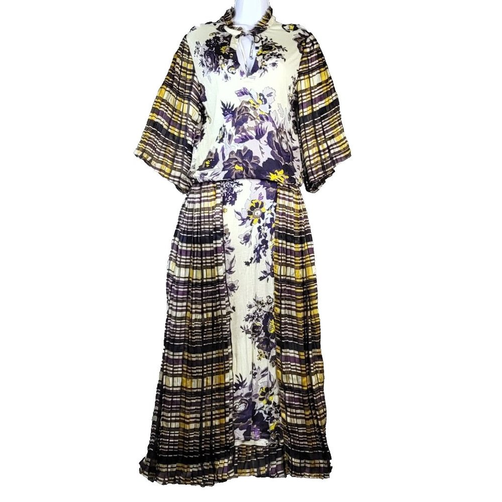SUNO Yellow and Purple Plaid Floral Dress